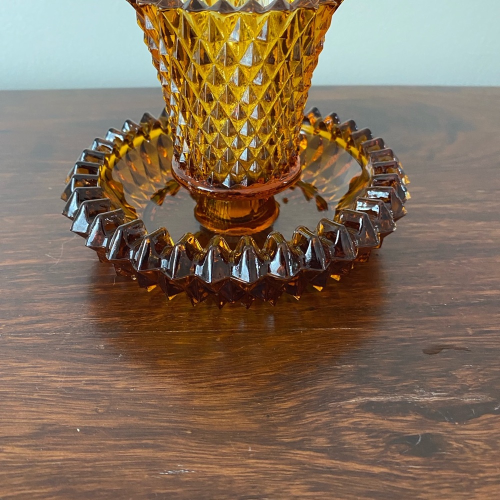 Indiana Glass • Diamond Point • Amber • Two-Piece Candle Holder - Picture 4 of 6